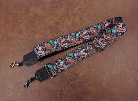 Boho paisley fabric banjo strap with leather ends and hook, can also be used as purse guitar strap -4