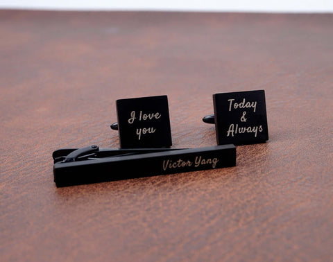 Custom engraved Black Square Cufflinks & Tie clip set-3
