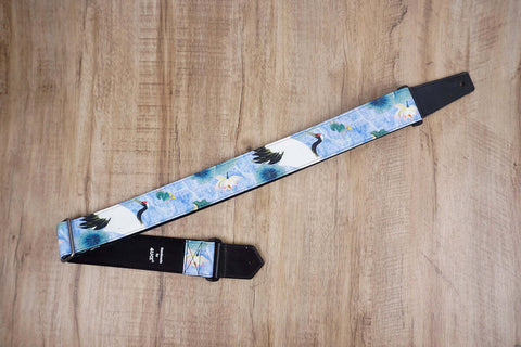 crane and lotus guitar strap with leather ends-2