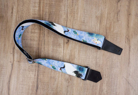 crane and lotus guitar strap with leather ends-3