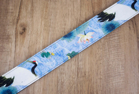 crane and lotus guitar strap with leather ends-5