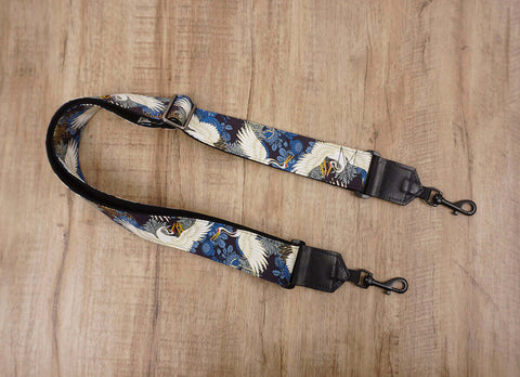 crane and chrysanthemums banjo strap with leather ends and hook, can also be used as purse guitar strap -2