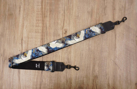crane and chrysanthemums banjo strap with leather ends and hook, can also be used as purse guitar strap-3