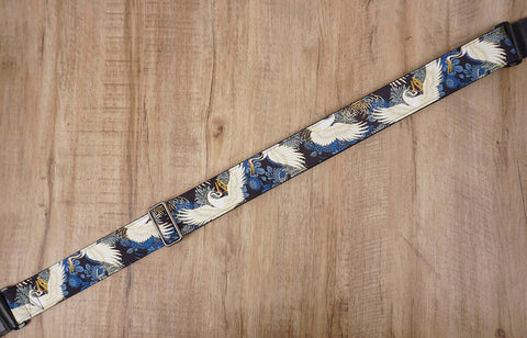 crane and chrysanthemums banjo strap with leather ends and hook, can also be used as purse guitar strap-4