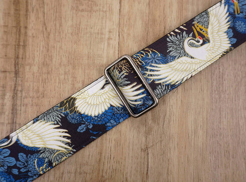 crane and chrysanthemums banjo strap with leather ends and hook, can also be used as purse guitar strap-5