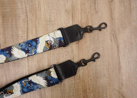 crane and chrysanthemums banjo strap with leather ends and hook, can also be used as purse guitar strap-6