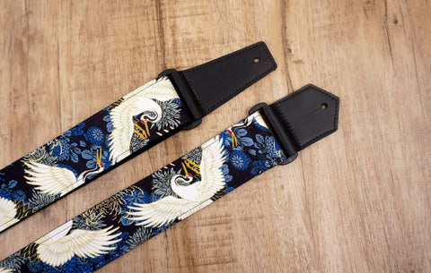 crane and chrysanthemums printed vintage guitar strap with leather ends-5