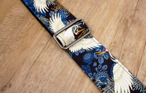crane and chrysanthemums printed vintage guitar strap with leather ends-6