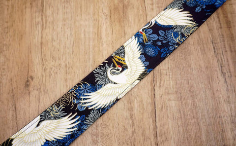 crane and chrysanthemums printed vintage guitar strap with leather ends-7