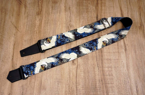 crane and chrysanthemums printed vintage guitar strap with leather ends-3