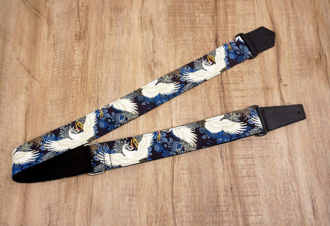 crane and chrysanthemums printed vintage guitar strap with leather ends-4