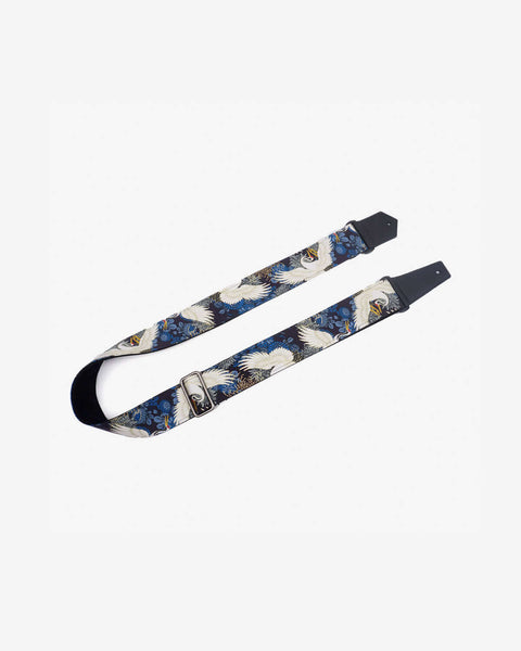 crane and chrysanthemums printed vintage guitar strap with leather ends-1