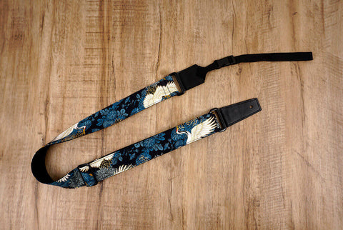 crane and chrysanthemums ukulele shoulder strap with leather ends-2