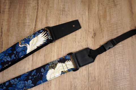 crane and chrysanthemums ukulele shoulder strap with leather ends-6