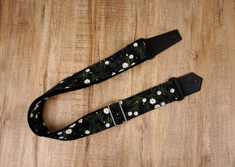 White Daisy floral guitar strap with leather ends-2