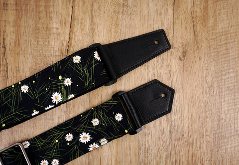 White Daisy floral guitar strap with leather ends-3