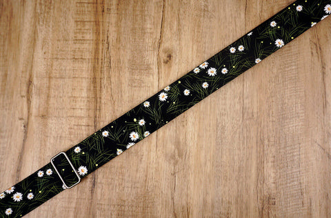 White Daisy floral guitar strap with leather ends-4