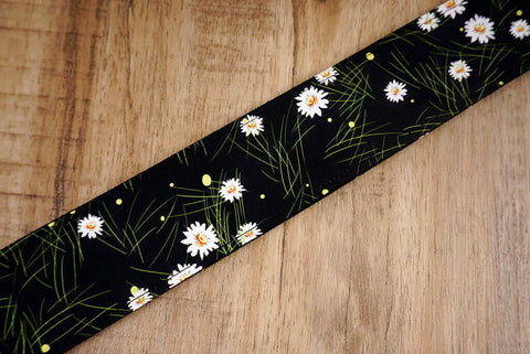 White Daisy floral guitar strap with leather ends-5