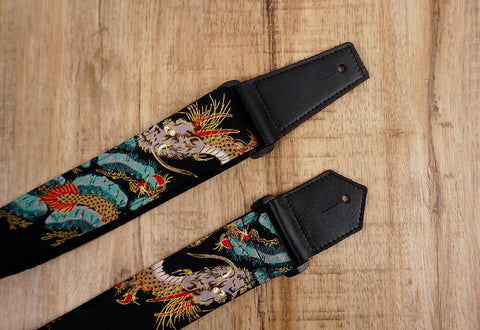 Chinese dragon guitar strap with leather ends-4