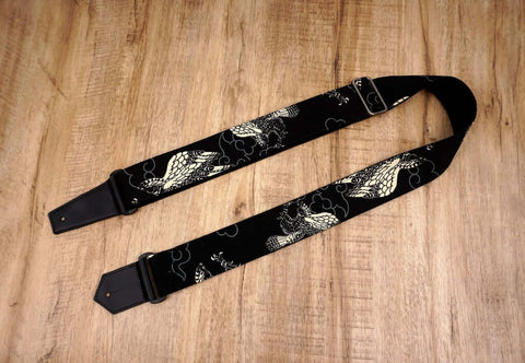 white eagle guitar strap on black with leather ends-2