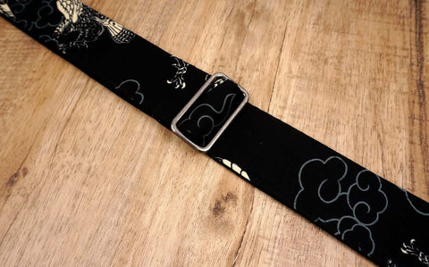 white eagle guitar strap on black with leather ends-3