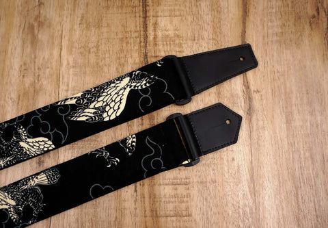 white eagle guitar strap on black with leather ends-4
