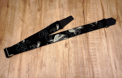 white eagle guitar strap on black with leather ends-5