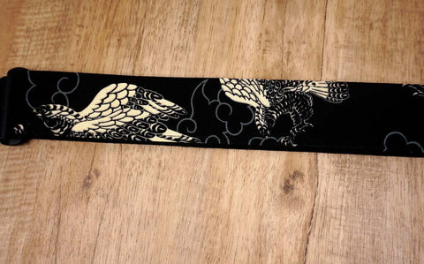 white eagle guitar strap on black with leather ends-6