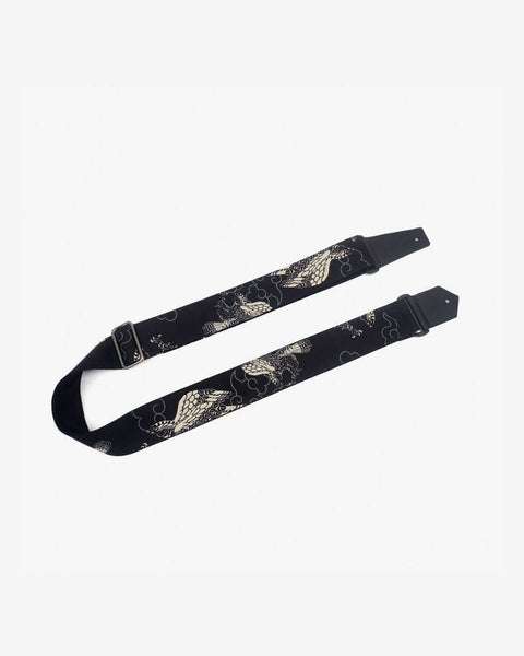 white eagle guitar strap on black with leather ends-1