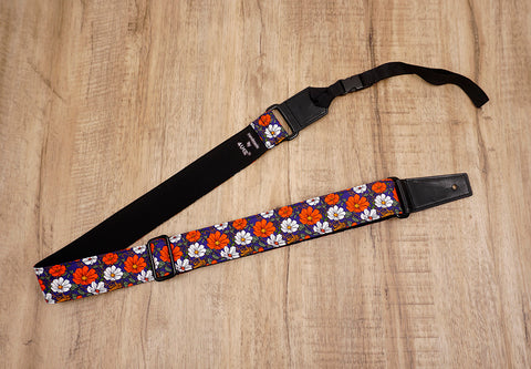 red flowers floral ukulele shoulder strap with leather ends-5
