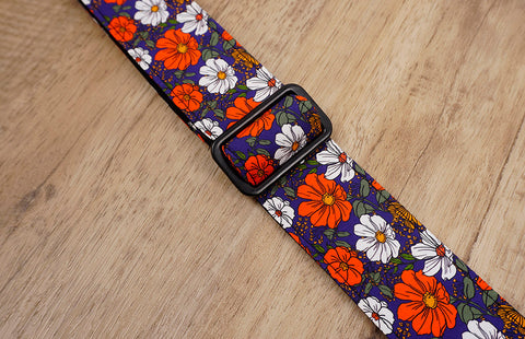 red flowers floral ukulele shoulder strap with leather ends-7