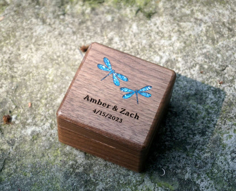 Personalized Dragonfly Square Double wedding Ring Box, Ring Bearer Pillows Box for Wedding Ceremony, Rustic Proposal Engagement Ring Box-1