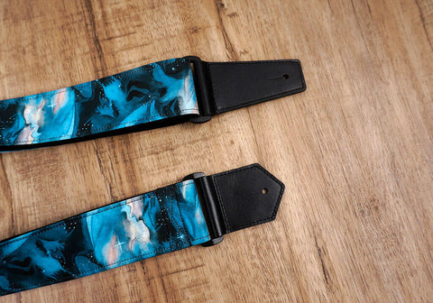 blue galaxy guitar strap with leather ends-3