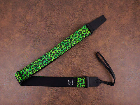 Green leopard print ukulele shoulder strap with leather ends-3