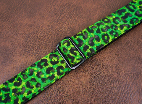 Green leopard print ukulele shoulder strap with leather ends-5