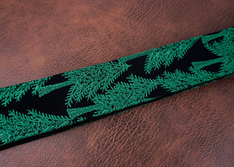 green trees embroidered guitar strap with leather ends -4