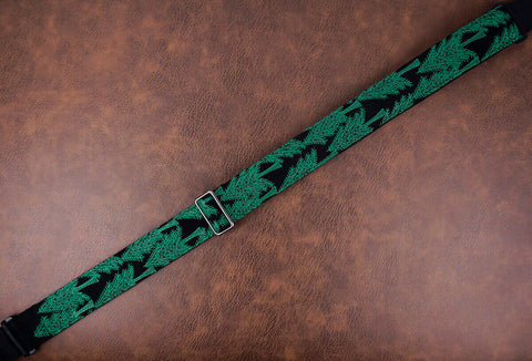 green trees embroidered guitar strap with leather ends -5