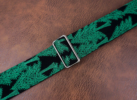 green trees embroidered guitar strap with leather ends -6