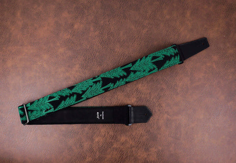 green trees embroidered guitar strap with leather ends -3