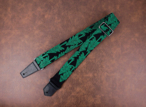 green trees embroidered guitar strap with leather ends -2