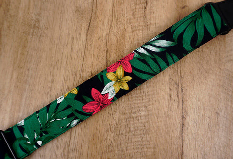 Hawaiian leaf and flower ukulele shoulder strap with leather ends-5