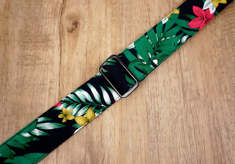 Hawaiian leaf and flower ukulele shoulder strap with leather ends-6