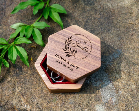Custom Wood Hexagon Ring Box with Engraving and inlay-1