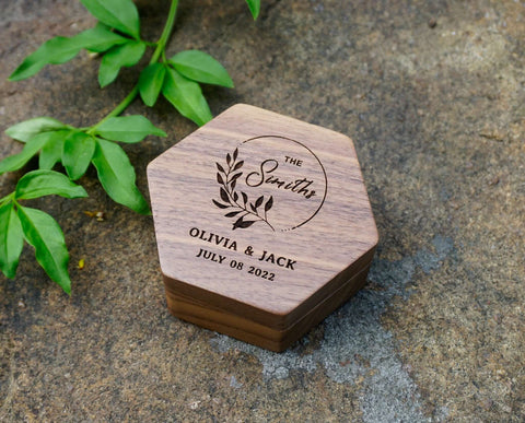 Custom Wood Hexagon Ring Box with Engraving and inlay-3
