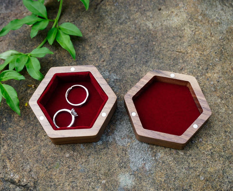 Custom Wood Hexagon Ring Box with Engraving and inlay-4