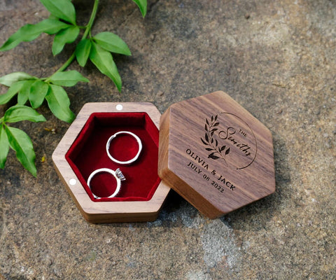 Custom Wood Hexagon Ring Box with Engraving and inlay-5