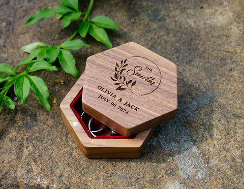 Custom Wood Hexagon Ring Box with Engraving and inlay-6
