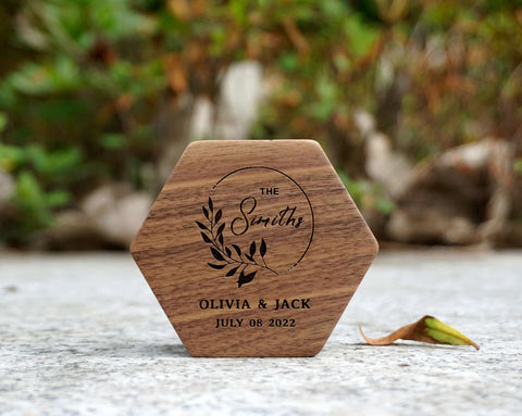 Custom Wood Hexagon Ring Box with Engraving and inlay-7