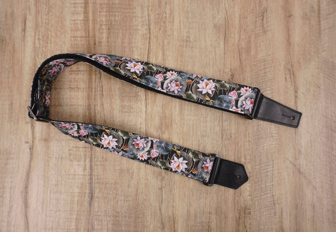 Lotus flower guitar strap with leather ends-3