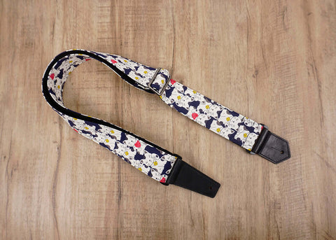 white lucky cat guitar strap with leather ends-2